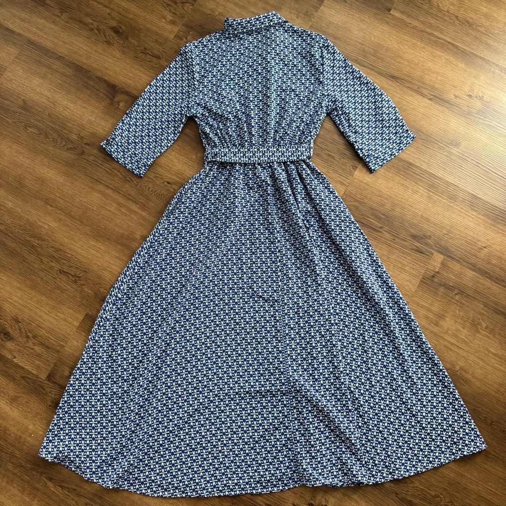 EUC - Melloday - Elegant Blue Patterned Women's Belted Midi Dress with Collar - Picture 3 of 11